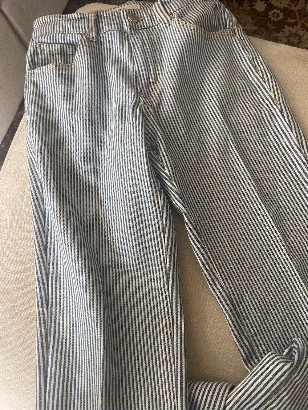 OAK High-Rise Pinstripe Jeans in Blue and White